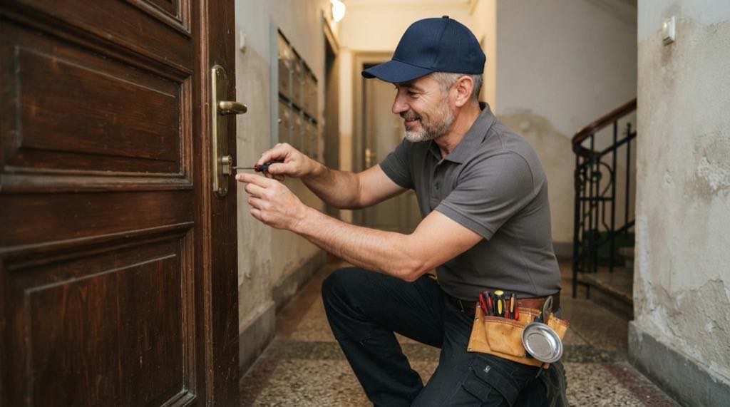 Egy régi faajtó zárjánál guggol egy sapkás férfi, csavarhúzóval a kezében. Mögötte postaládák és lépcsőház.